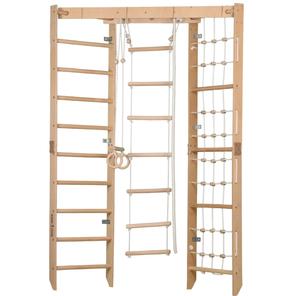 Domowy plac zabaw Rinagym SPR Corner – drewniany zestaw gimnastyczny z drabinką i siatką Naturalny