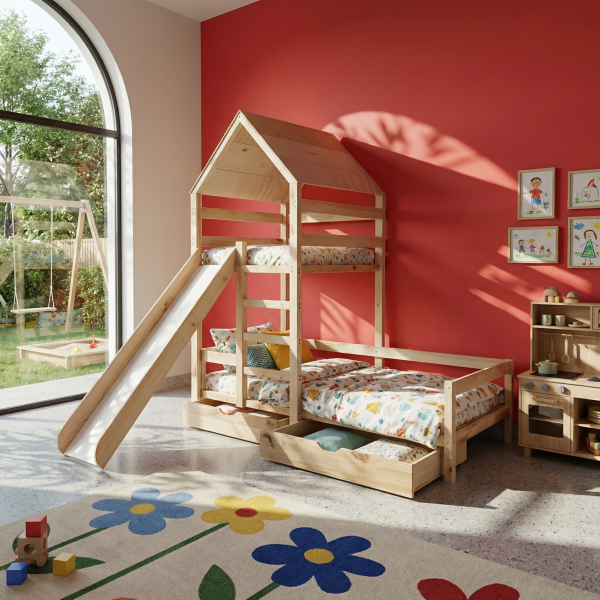 łóżko piętrowe domek dla dzieci Zuzia ze zjeżdżalnią i bocianim gniazdem z litego drewna