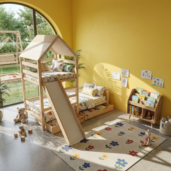 łóżko piętrowe domek dla dzieci Zuzia ze zjeżdżalnią i bocianim gniazdem z litego drewna