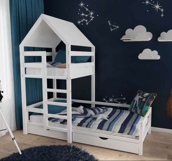 łóżko dziecięce drewniane domek Aleksander z bocianim gniazdem wykonane z litego drewna sosnowego