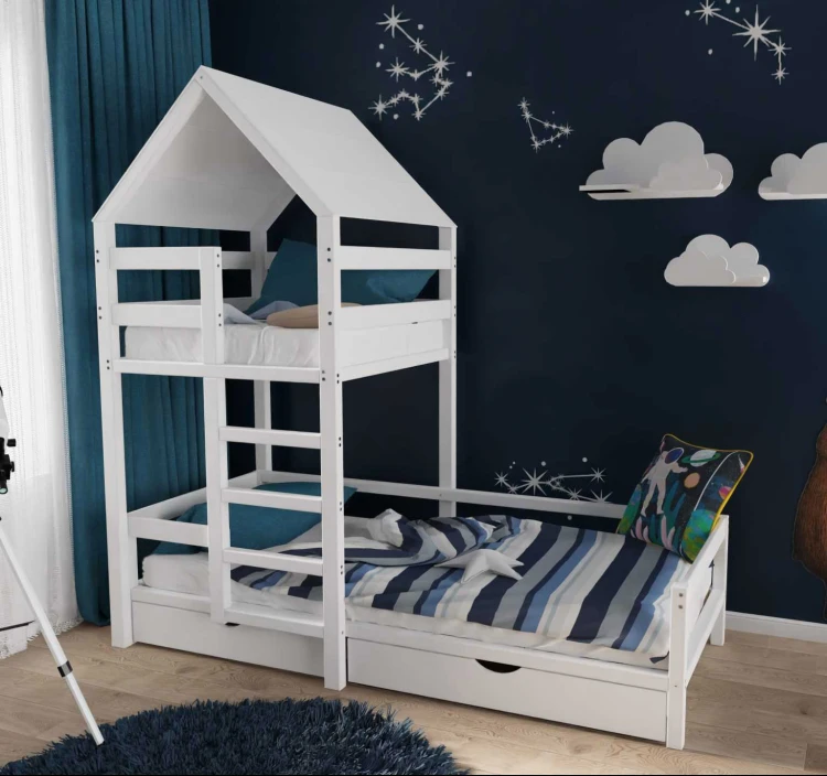 łóżko dziecięce drewniane domek Aleksander z bocianim gniazdem wykonane z litego drewna sosnowego