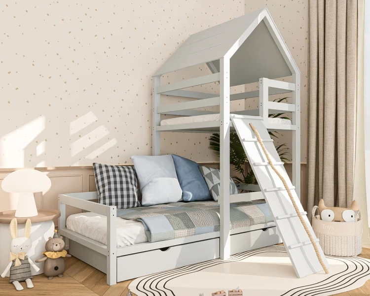 łóżko dziecięce drewniane domek Antoni z bocianim gniazdem z litego drewna sosnowego