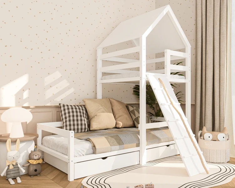 łóżko dziecięce drewniane domek Antoni z bocianim gniazdem z litego drewna sosnowego