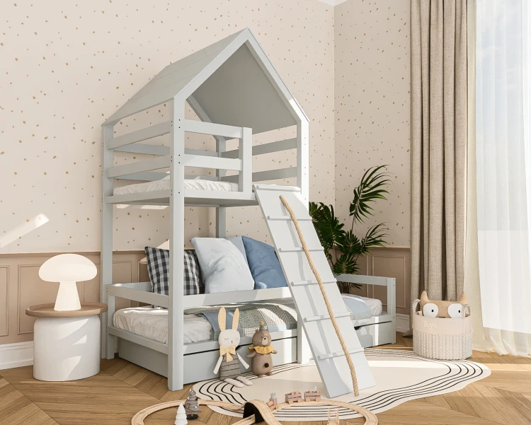 łóżko dziecięce drewniane domek Antoni z bocianim gniazdem z litego drewna sosnowego