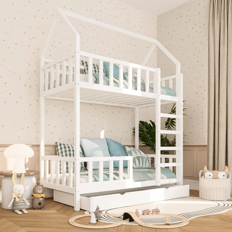 Łóżko piętrowe domek Franio dla dzieci | drewniane łóżko dziecięce bezpieczne i funkcjonalne