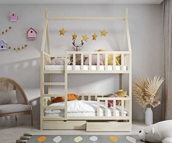 łóżko piętrowe drewniane Tipi Ola dla dzieci z litego drewna sosnowego