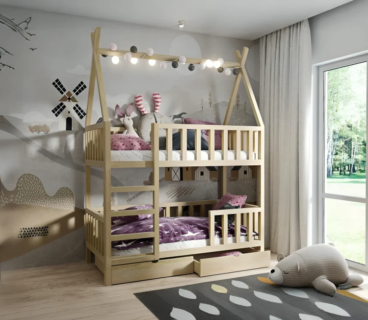 łóżko piętrowe drewniane Tipi Ola dla dzieci z litego drewna sosnowego