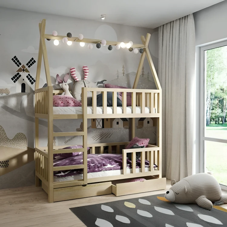 łóżko piętrowe drewniane Tipi Ola dla dzieci z litego drewna sosnowego