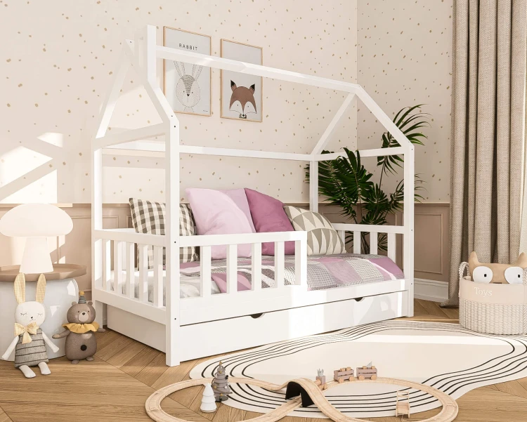 łóżko domek dziecięce drewniane z szufladą i funkcją spania pod łóżkiem białe
