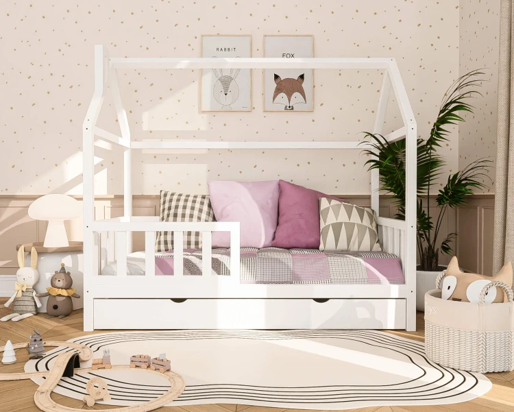 łóżko domek dziecięce drewniane z szufladą i funkcją spania pod łóżkiem białe