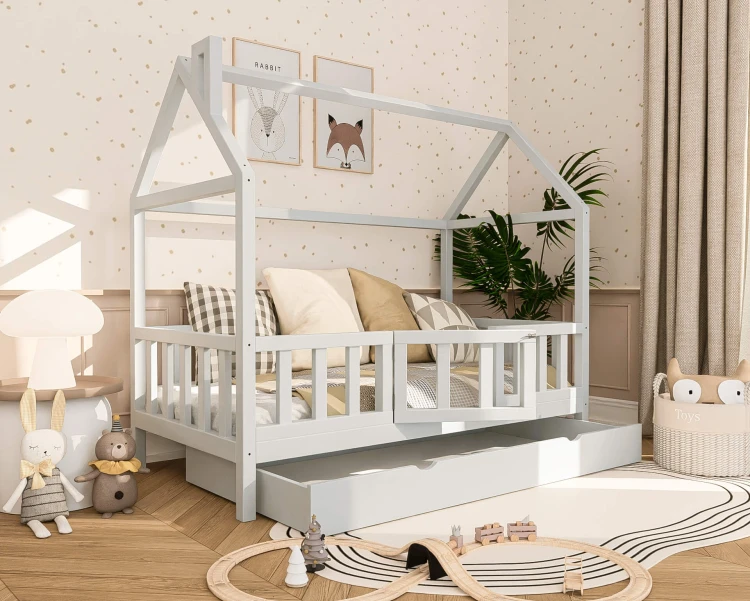 łóżko domek dziecięce drewniane z szufladą i funkcją spania pod łóżkiem