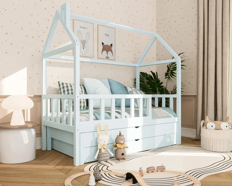 łóżko domek dziecięce drewniane z szufladą i funkcją spania pod łóżkiem