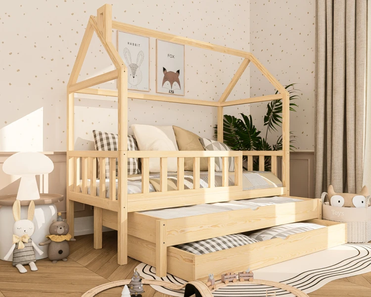 łóżko domek dziecięce drewniane z szufladą i funkcją spania pod łóżkiem