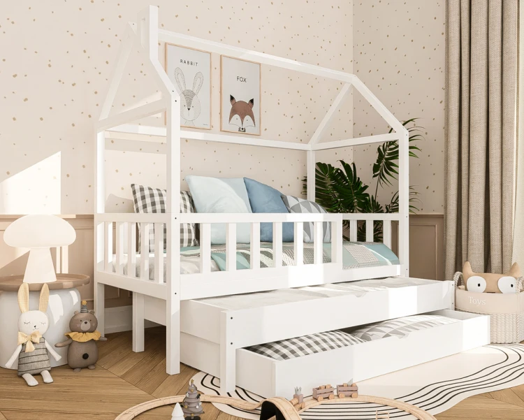 łóżko domek dziecięce drewniane z szufladą i funkcją spania pod łóżkiem