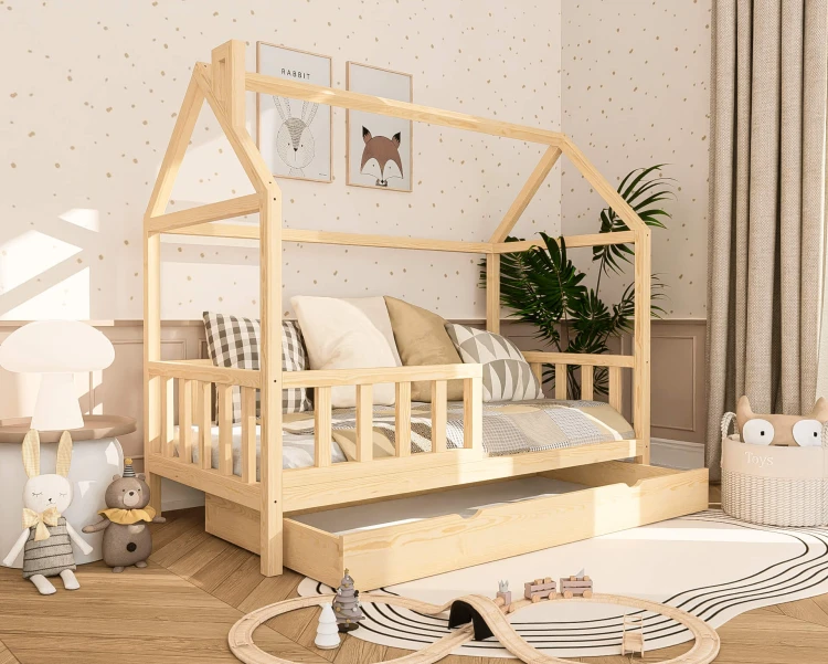łóżko domek dziecięce drewniane z szufladą i funkcją spania pod łóżkiem