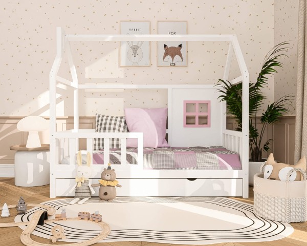 łóżko domek dziecięce drewniane z barierką i okienkiem wykonane z litego drewna sosnowego