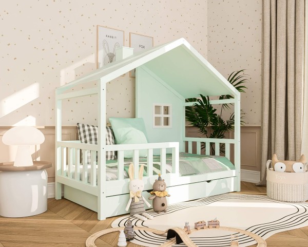 łóżko domek Coco dla dziewczynki drewniane łóżko dziecięce z okienkiem i barierką z litego drewna