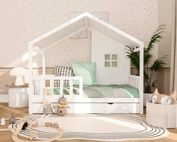łóżko domek Coco dla dziewczynki drewniane łóżko dziecięce z okienkiem i barierką z litego drewna