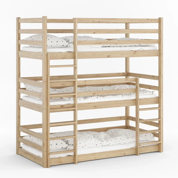 Drewniane Łóżko Piętrowe 3 osobowe dla dzieci Montessori Treko sosna