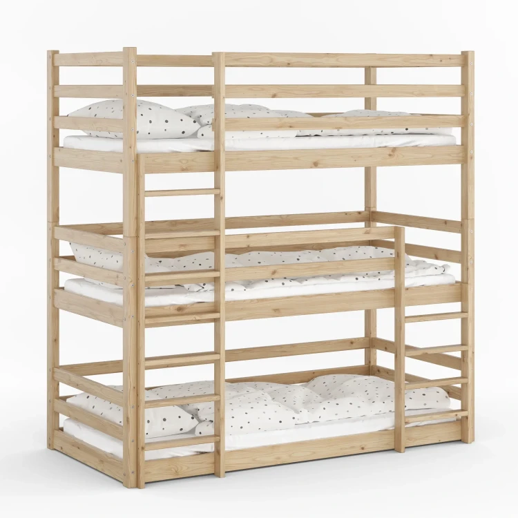 Drewniane Łóżko Piętrowe 3 osobowe dla dzieci Montessori Treko sosna