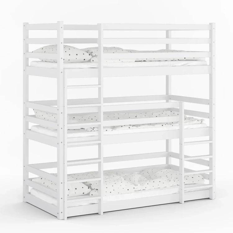 Drewniane Łóżko Piętrowe 3 osobowe dla dzieci Montessori Treko białe