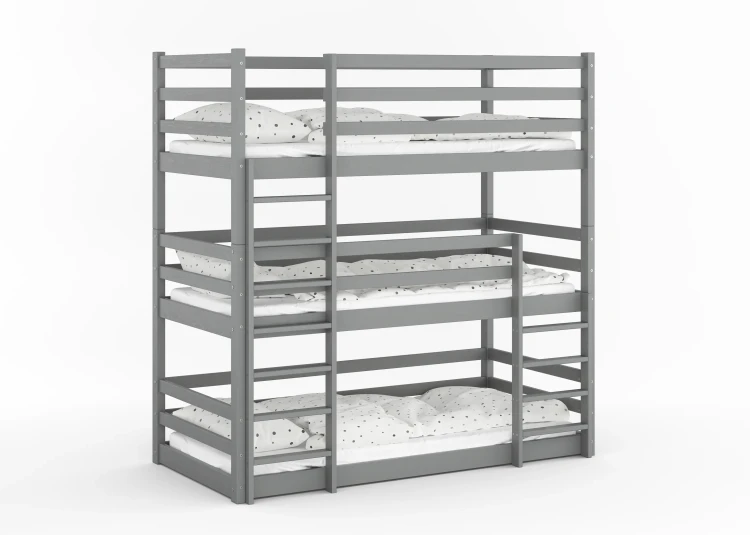 Drewniane Łóżko Piętrowe 3 osobowe dla dzieci Montessori Treko grafit