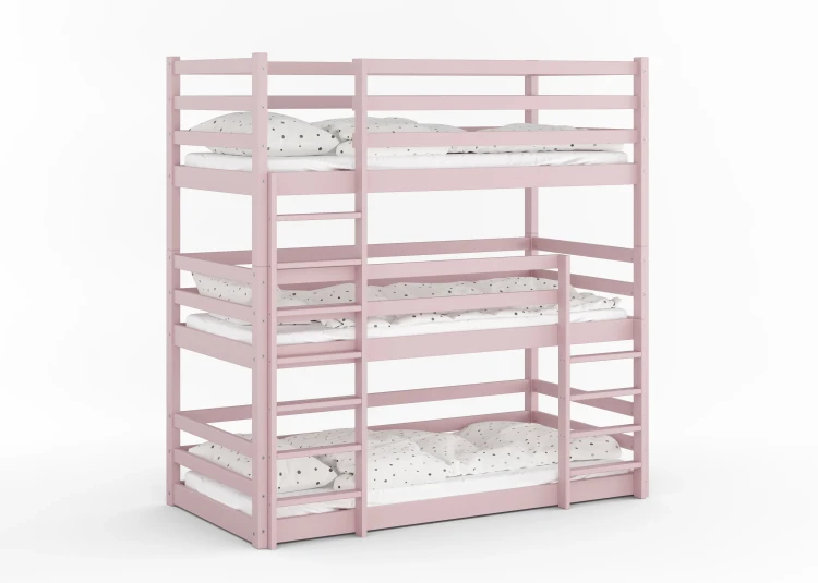 Drewniane Łóżko Piętrowe 3 osobowe dla dzieci Montessori Treko róż