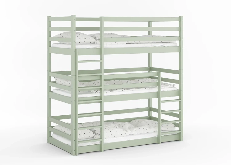 Drewniane Łóżko Piętrowe 3 osobowe dla dzieci Montessori Treko szałwia