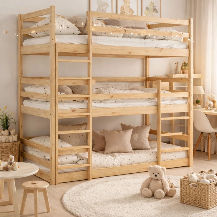 Drewniane Łóżko Piętrowe 3 osobowe dla dzieci Montessori Jacek