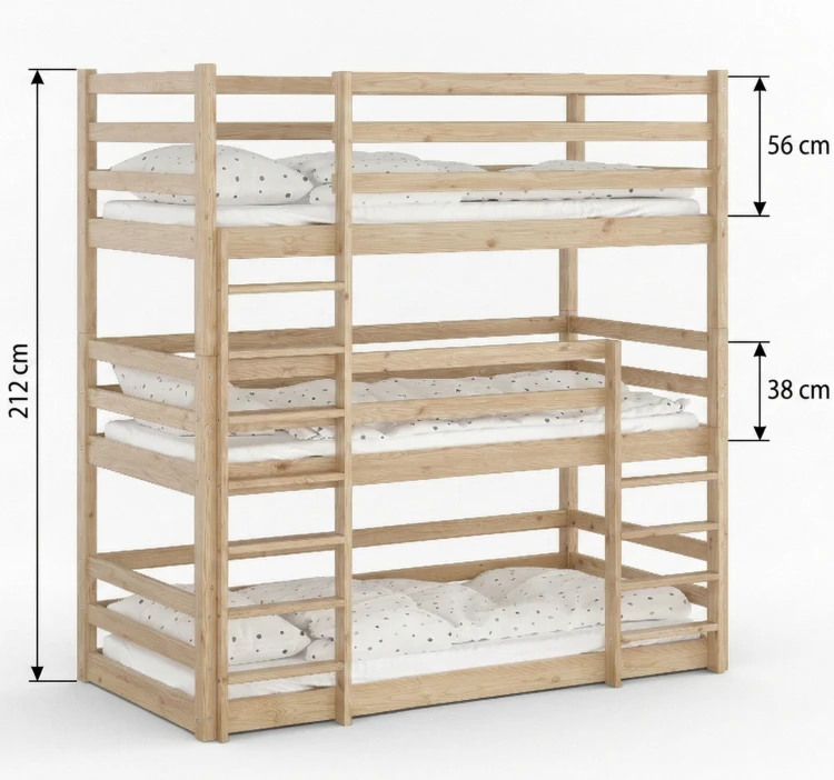 Drewniane Łóżko Piętrowe 3 osobowe dla dzieci Montessori Treko wymiary