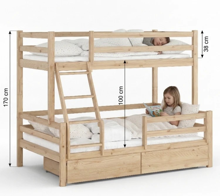Drewniane Łóżko Piętrowe z szufladami Korro - różne kolory i rozmiary