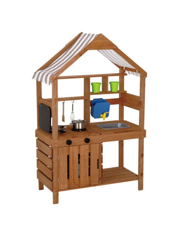 drewniana kuchnia ogrodowa dla dzieci WOOPIE GREEN z daszkiem, zlewem i kranem, kuchnia błotna outdoor