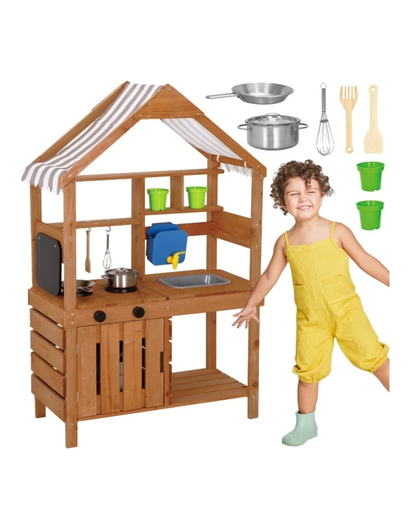 drewniana kuchnia ogrodowa dla dzieci WOOPIE GREEN z daszkiem, zlewem i kranem, kuchnia błotna outdoor