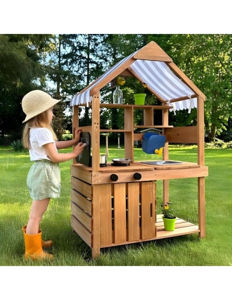 drewniana kuchnia ogrodowa dla dzieci WOOPIE GREEN z daszkiem, zlewem i kranem, kuchnia błotna outdoor