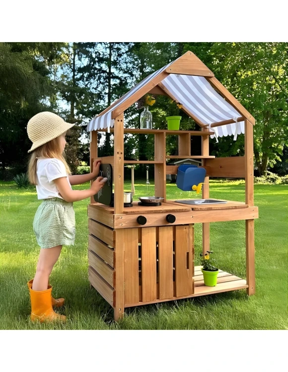 drewniana kuchnia ogrodowa dla dzieci WOOPIE GREEN z daszkiem, zlewem i kranem, kuchnia błotna outdoor