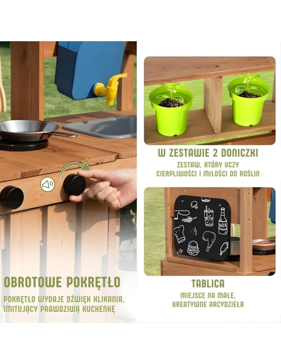 drewniana kuchnia ogrodowa dla dzieci WOOPIE GREEN z daszkiem, zlewem i kranem, kuchnia błotna outdoor