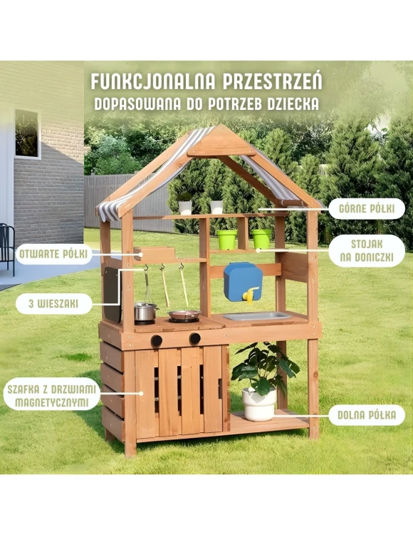drewniana kuchnia ogrodowa dla dzieci WOOPIE GREEN z daszkiem, zlewem i kranem, kuchnia błotna outdoor