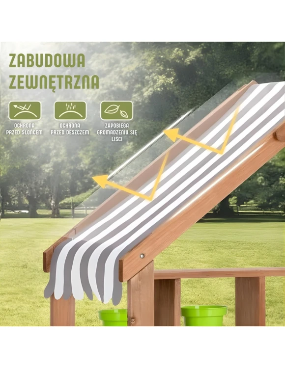 drewniana kuchnia ogrodowa dla dzieci WOOPIE GREEN z daszkiem, zlewem i kranem, kuchnia błotna outdoor