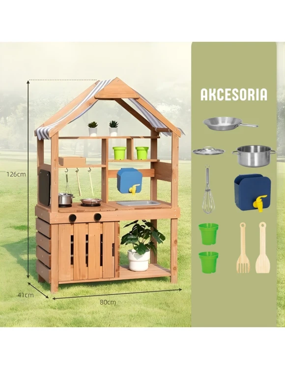 drewniana kuchnia ogrodowa dla dzieci WOOPIE GREEN z daszkiem, zlewem i kranem, kuchnia błotna outdoor