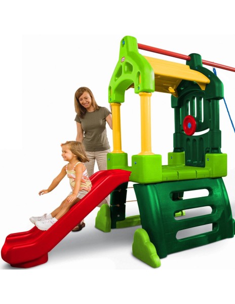 plac zabaw dla dzieci Little Tikes z huśtawkami, zjeżdżalnią, ścianką wspinaczkową i zadaszonym podestem
