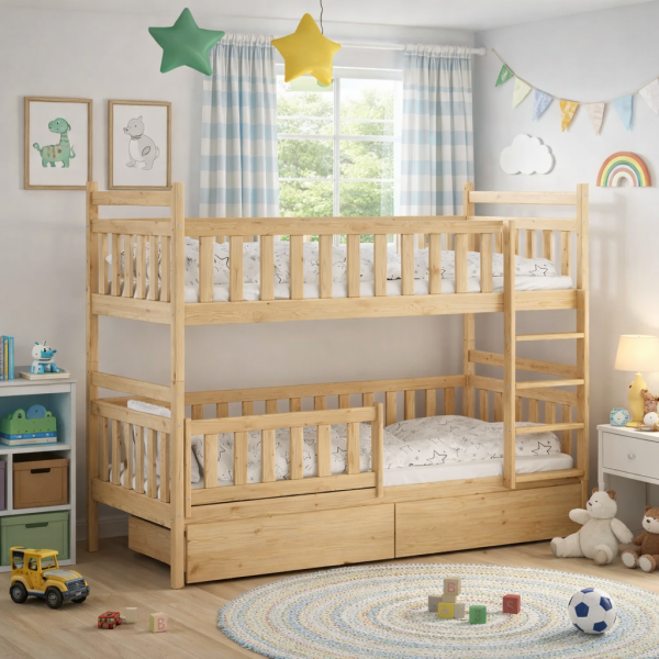 Drewniane Łóżko Piętrowe z szufladami Rino sosna
