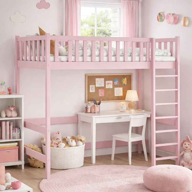 Wysokie drewniane łóżko na antresoli z drabinką po prawej stronie, wykonane z jasnej sosny, z dużą przestrzenią pod łóżkiem.