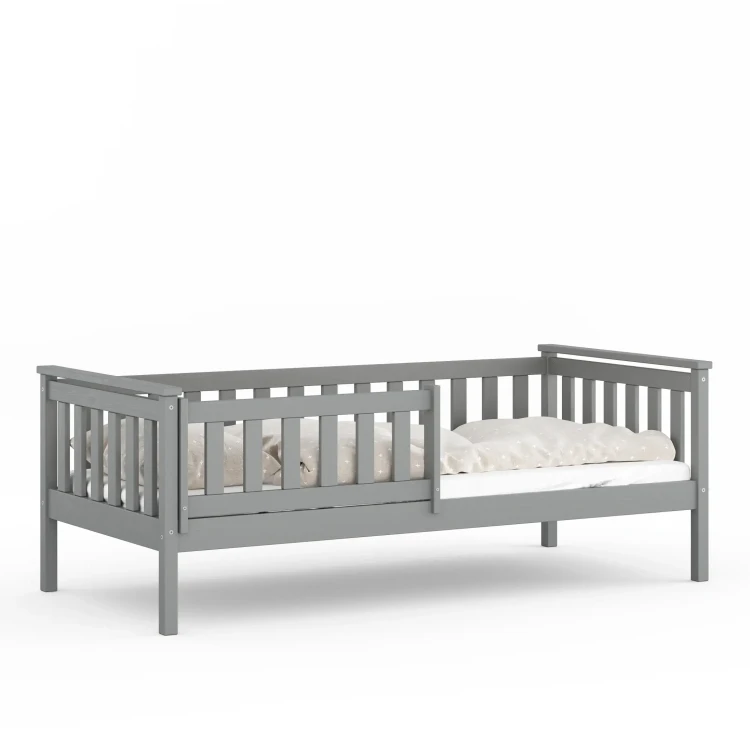drewniane łóżko dziecięce z barierką w kolorze grafitowym, bezpieczne łóżko pojedyncze dla dziecka z litej sosny