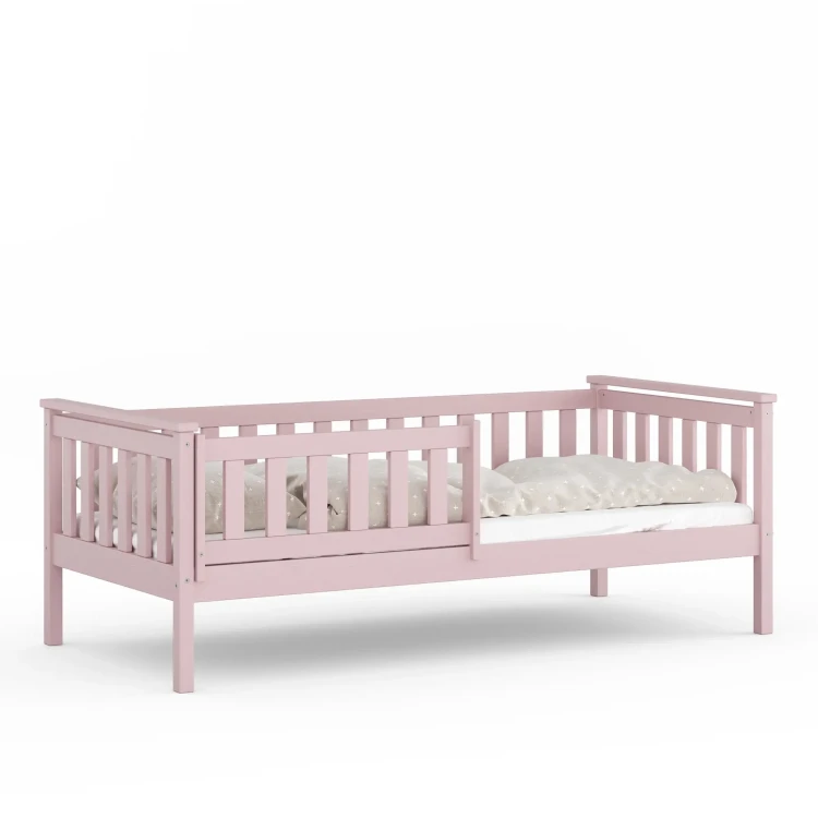 drewniane łóżko dziecięce z barierką w kolorze różowym, bezpieczne łóżko pojedyncze dla dziecka z litej sosny