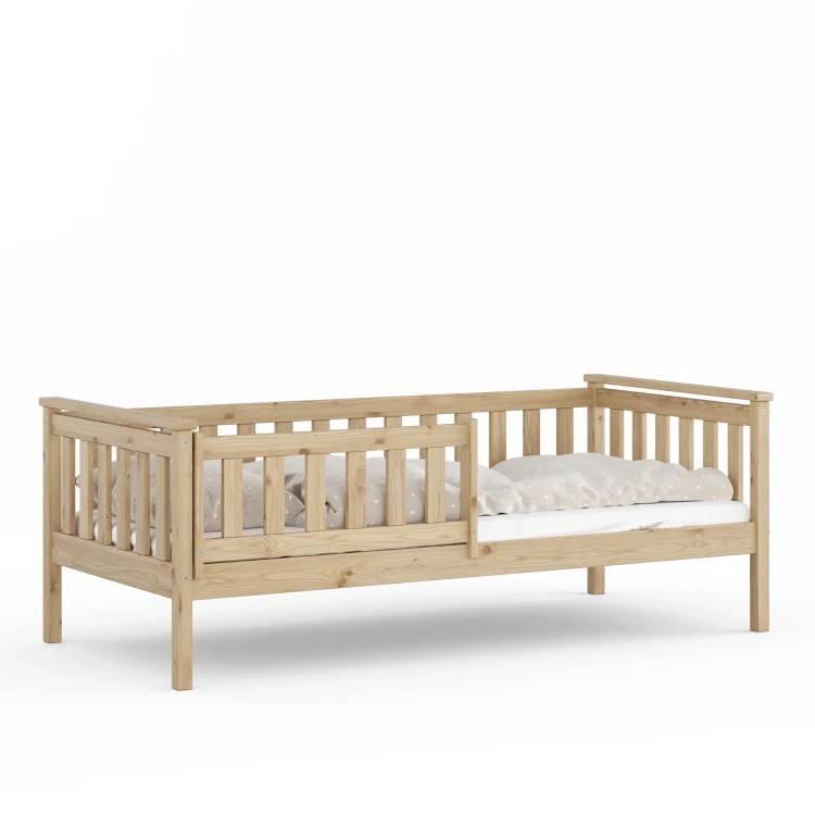 drewniane łóżko dziecięce z barierką surowe, bezpieczne łóżko pojedyncze dla dziecka z litej sosny