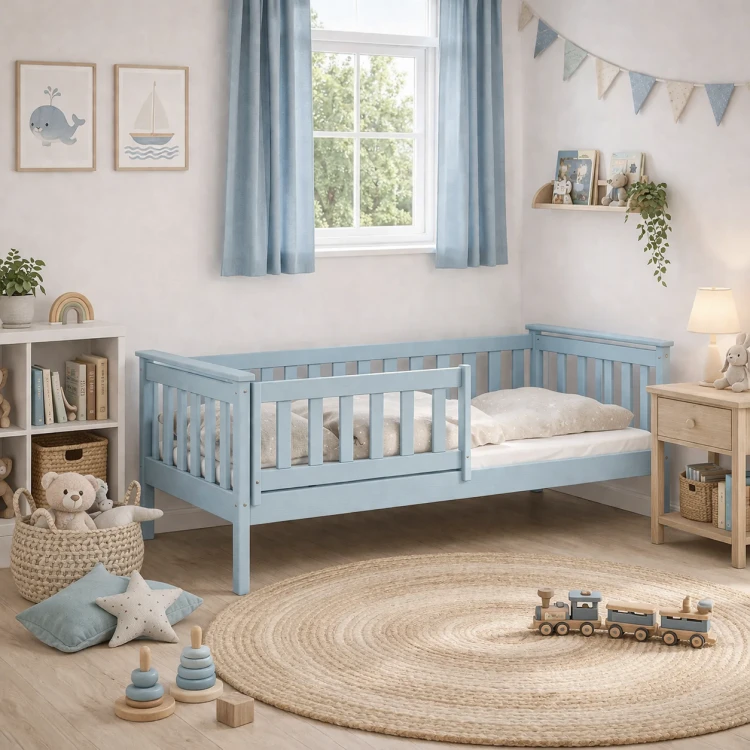 drewniane łóżko dziecięce z barierką w kolorze niebieskim, bezpieczne łóżko pojedyncze dla dziecka z litej sosny