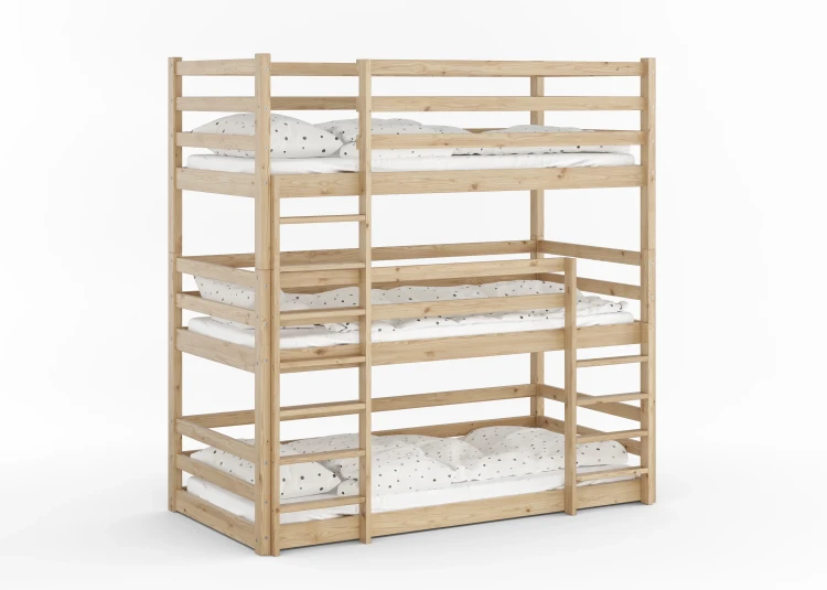 Drewniane Łóżko Piętrowe 3 osobowe dla dzieci Montessori Treko surowe