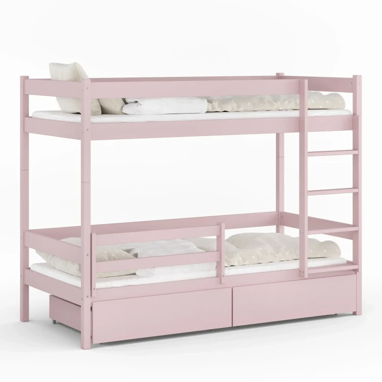 Drewniane Łóżko Piętrowe z szufladami Mino różowe