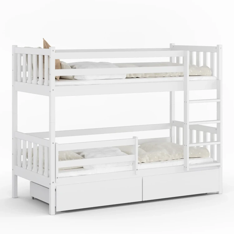 Drewniane Łóżko Piętrowe z szufladami Fano białe