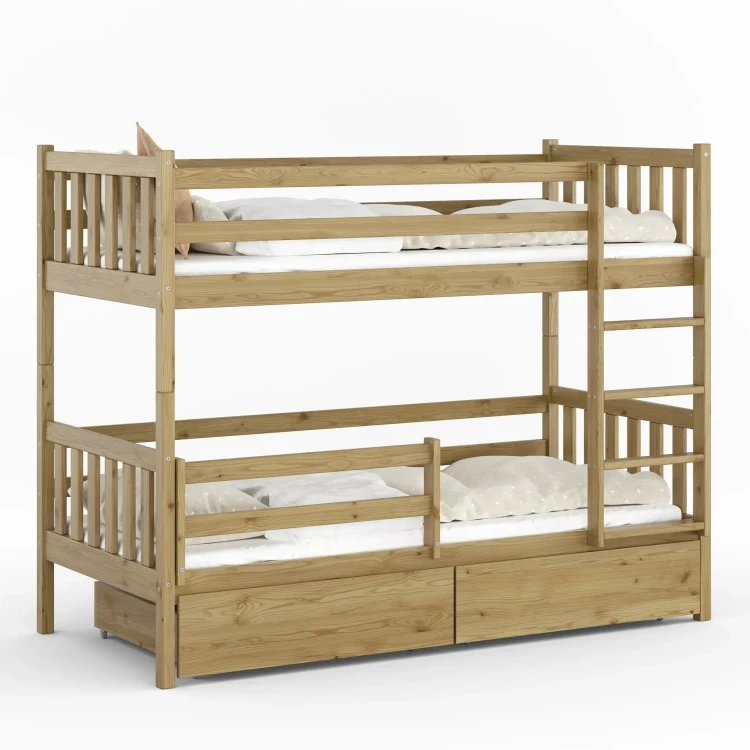 Drewniane Łóżko Piętrowe z szufladami Fano dąb